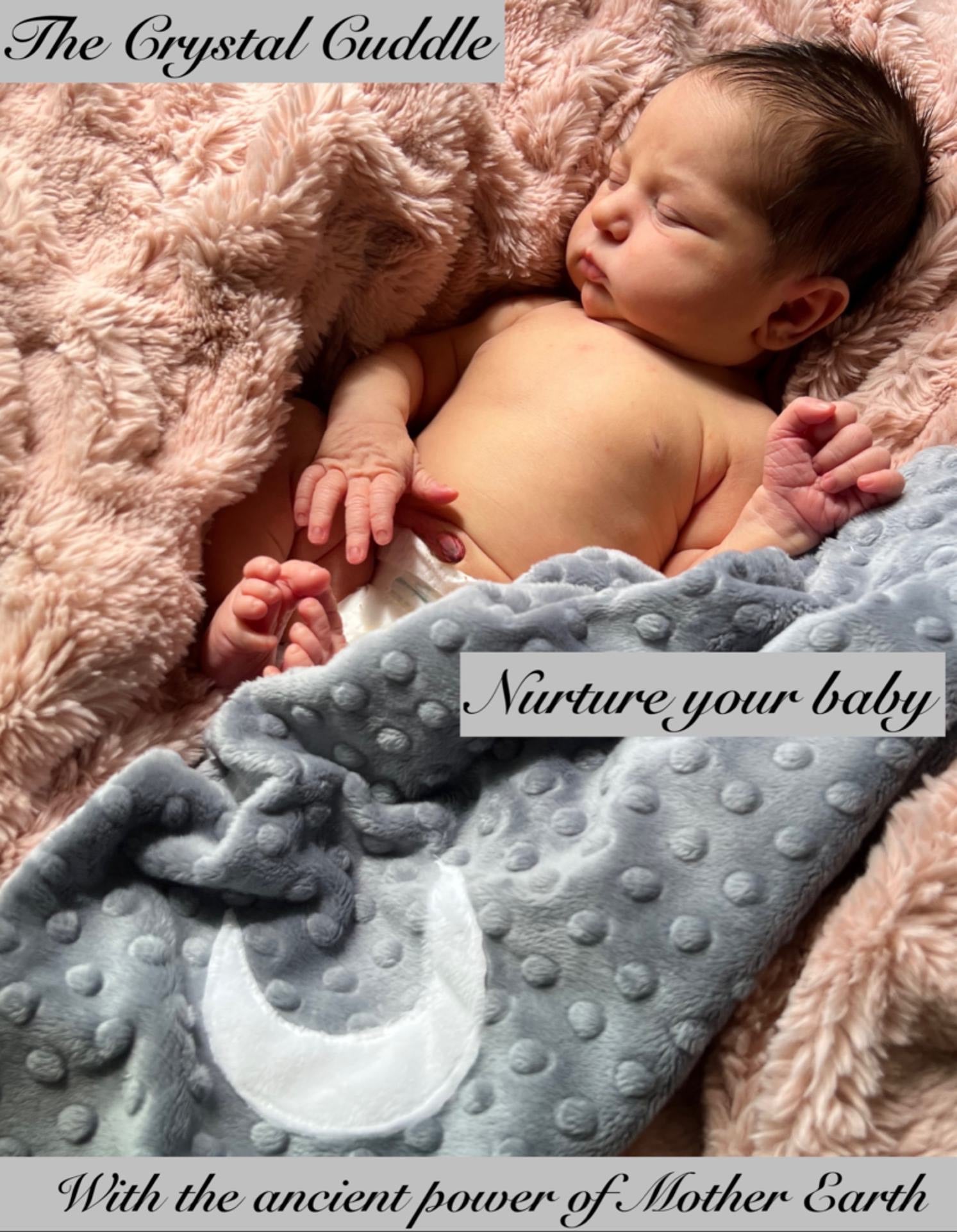Newborn baby sleeping on a textured blanket with text overlay.