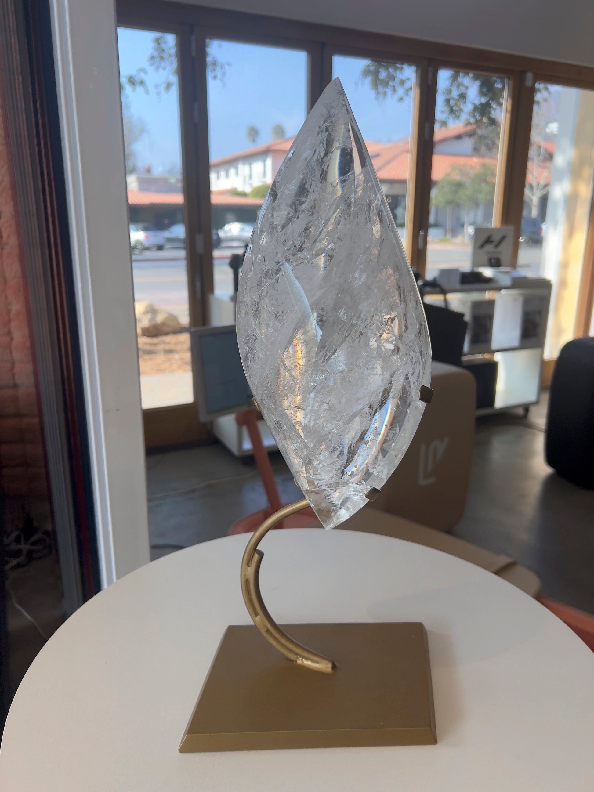 Statement Clear Quartz Flame on Brass Stand Crystal Sculpture for Modern Interiors
