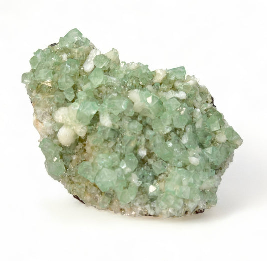 A green Apophyllite crystal cluster against a white background.