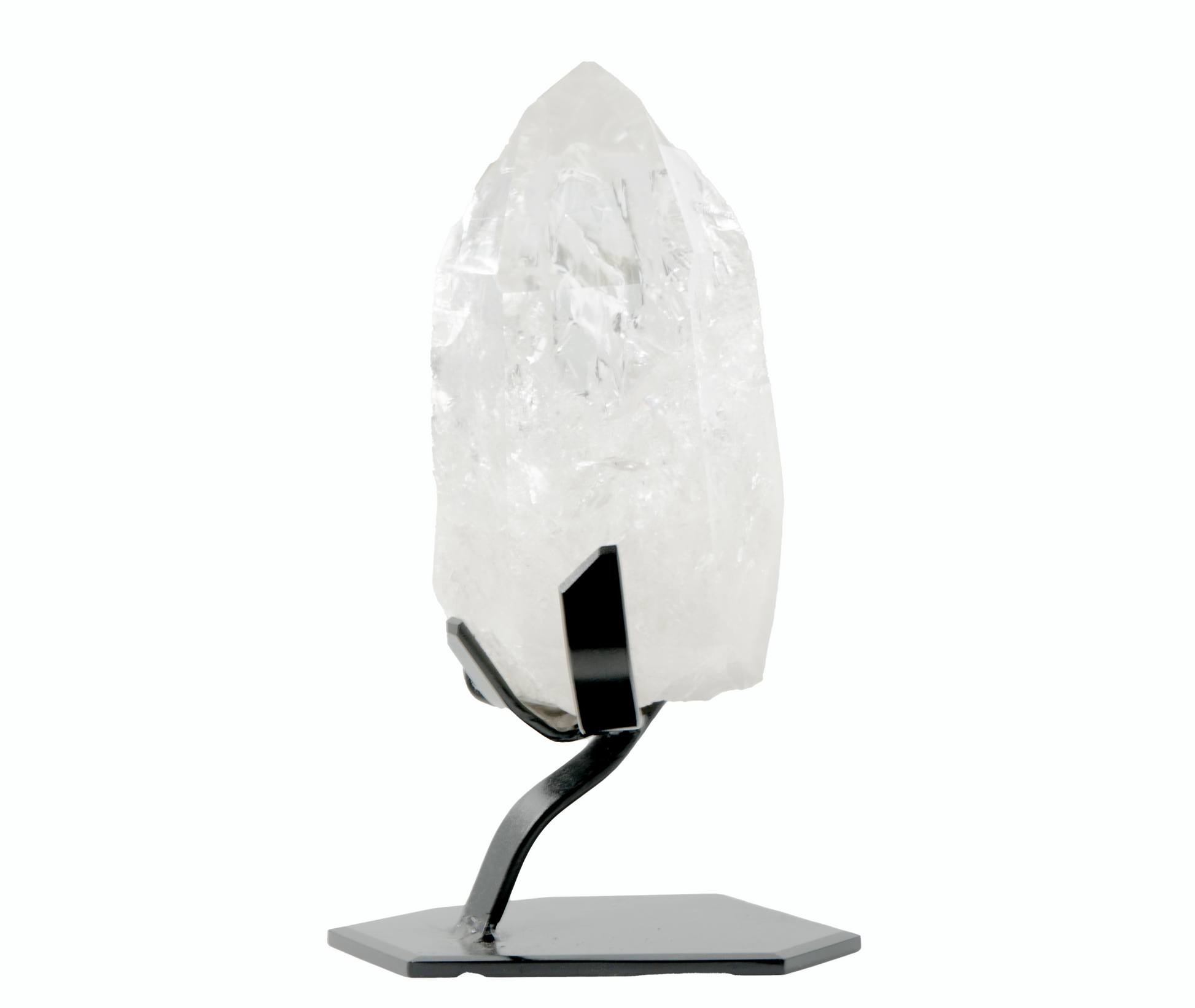 A large, clear Lemurian Quartz crystal mounted on a metal stand.