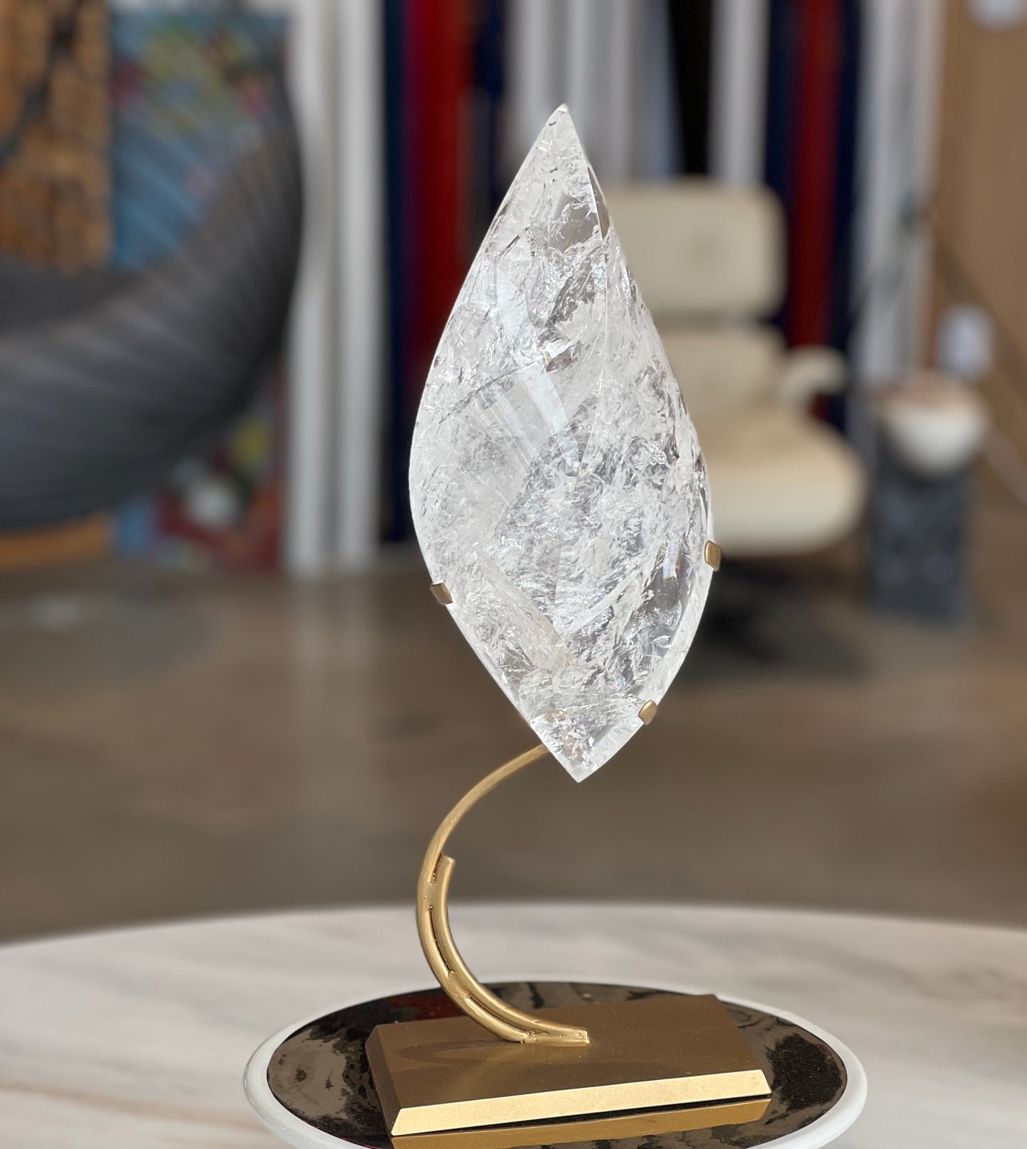 Statement Clear Quartz Flame on Brass Stand Crystal Sculpture for Modern Interiors