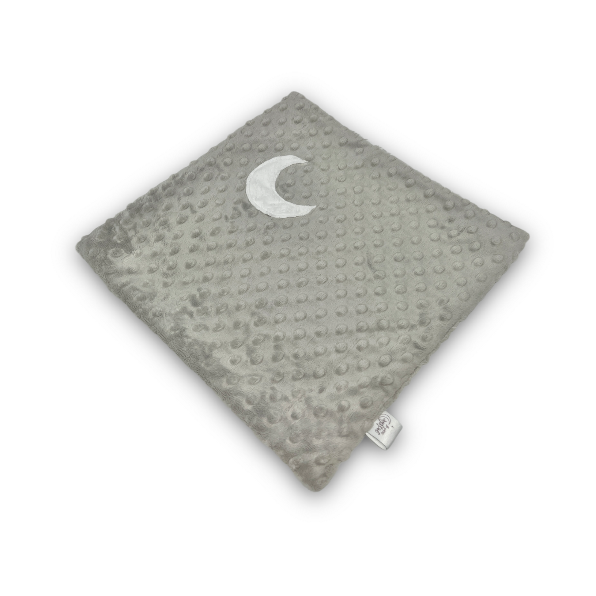 Gray textured blanket with a white crescent moon design on a white background