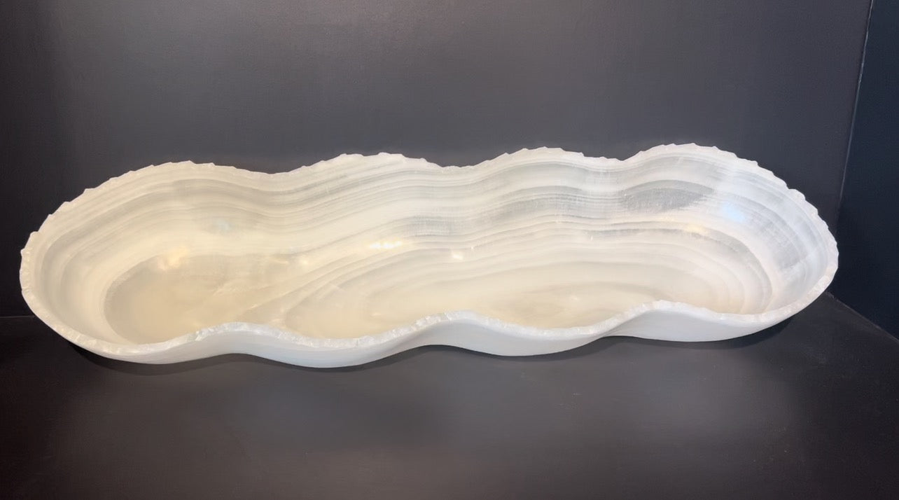Oblong White Onyx Bowl Hand Carved Crystal Centerpiece from Mexico