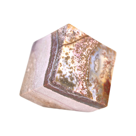 A 3-inch cube-shaped Ocean Jasper stone with a smooth, polished surface displaying natural patterns of brown, white, and gray.