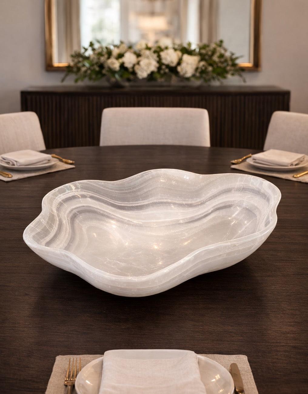 Hand Carved White Onyx Decorative Bowl – Natural Stone Centerpiece