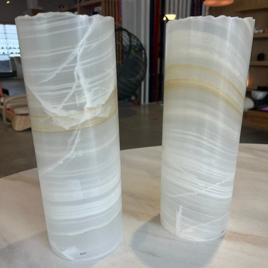 White Onyx Cylinder Lamp – Hand-Carved Crystal Light with a Soft Ethereal Glow