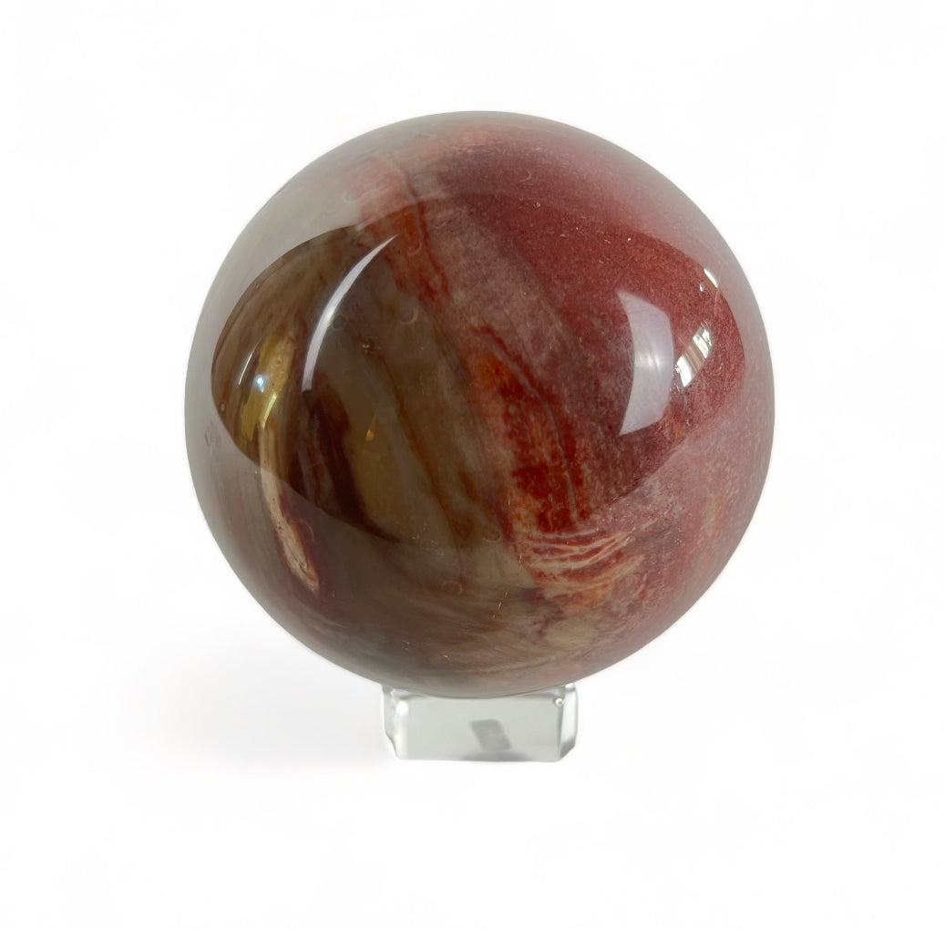A polished sphere of petrified wood on a clear stand, displaying a pattern of red and white colors.