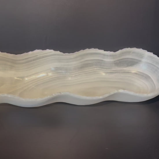 Oblong White Onyx Bowl Hand Carved Crystal Centerpiece from Mexico