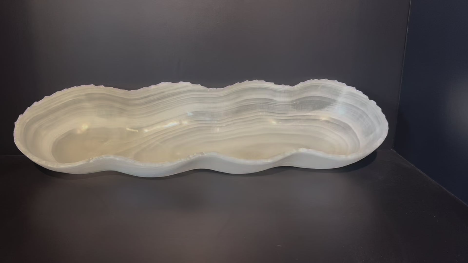 Oblong White Onyx Bowl Hand Carved Crystal Centerpiece from Mexico