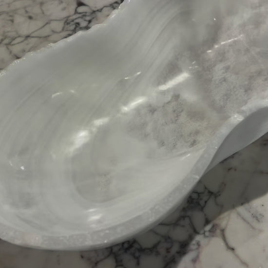 Oblong White Onyx Bowl Hand Carved Crystal Centerpiece from Mexico