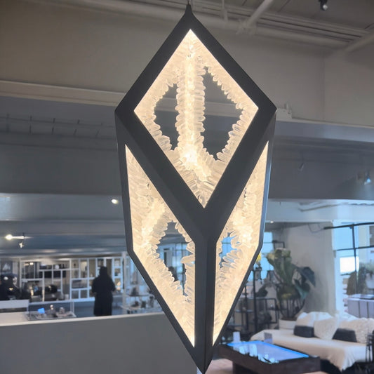 Artisan Clear Quartz Pendant Lamp Illuminated Crystal Sculpture in Iron Frame