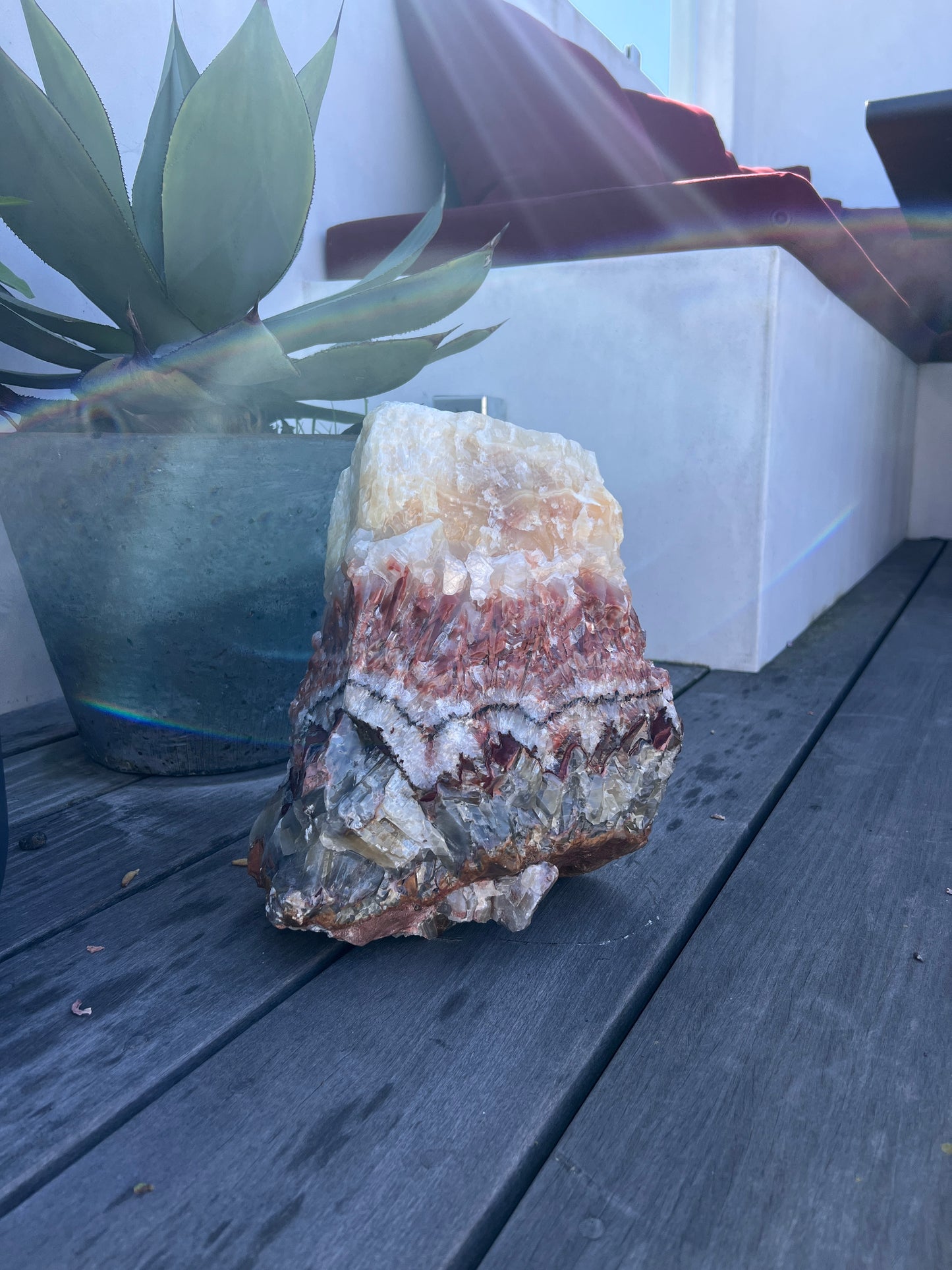 Mineral specimen on a wooden surface with a plant in the background