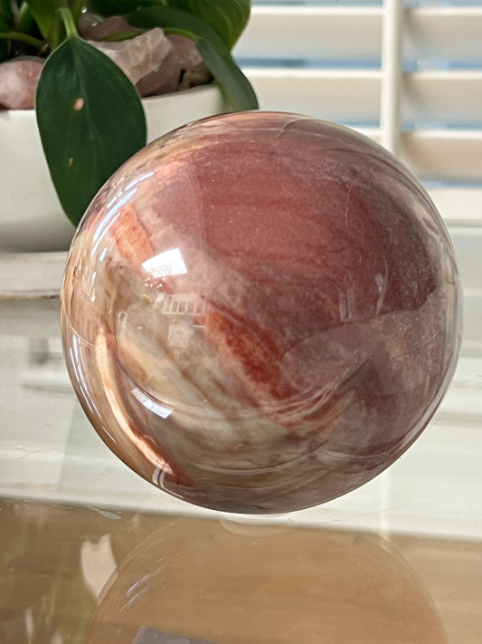 Marble-patterned petrified wood sphere on a glass surface with a blurred background