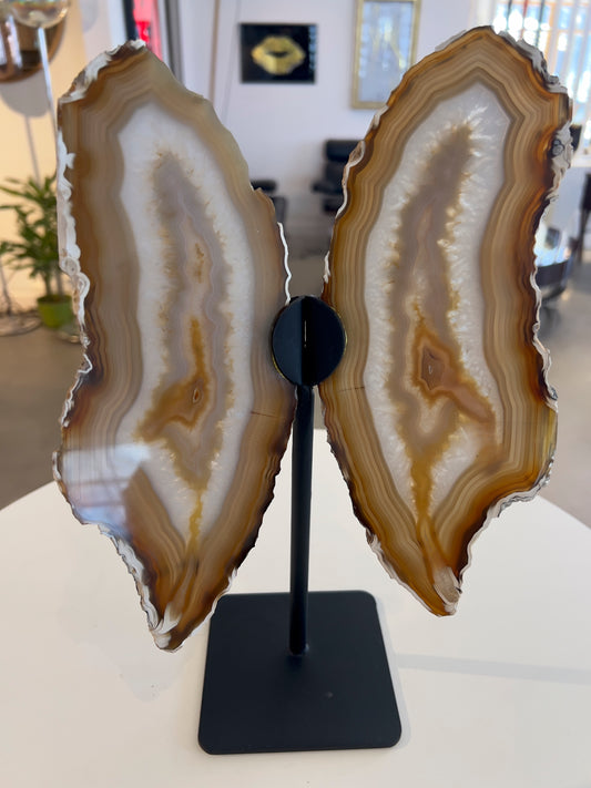 A display of two polished yellow and brown agate quartz wings mounted on a black stand, showcasing layered patterns.