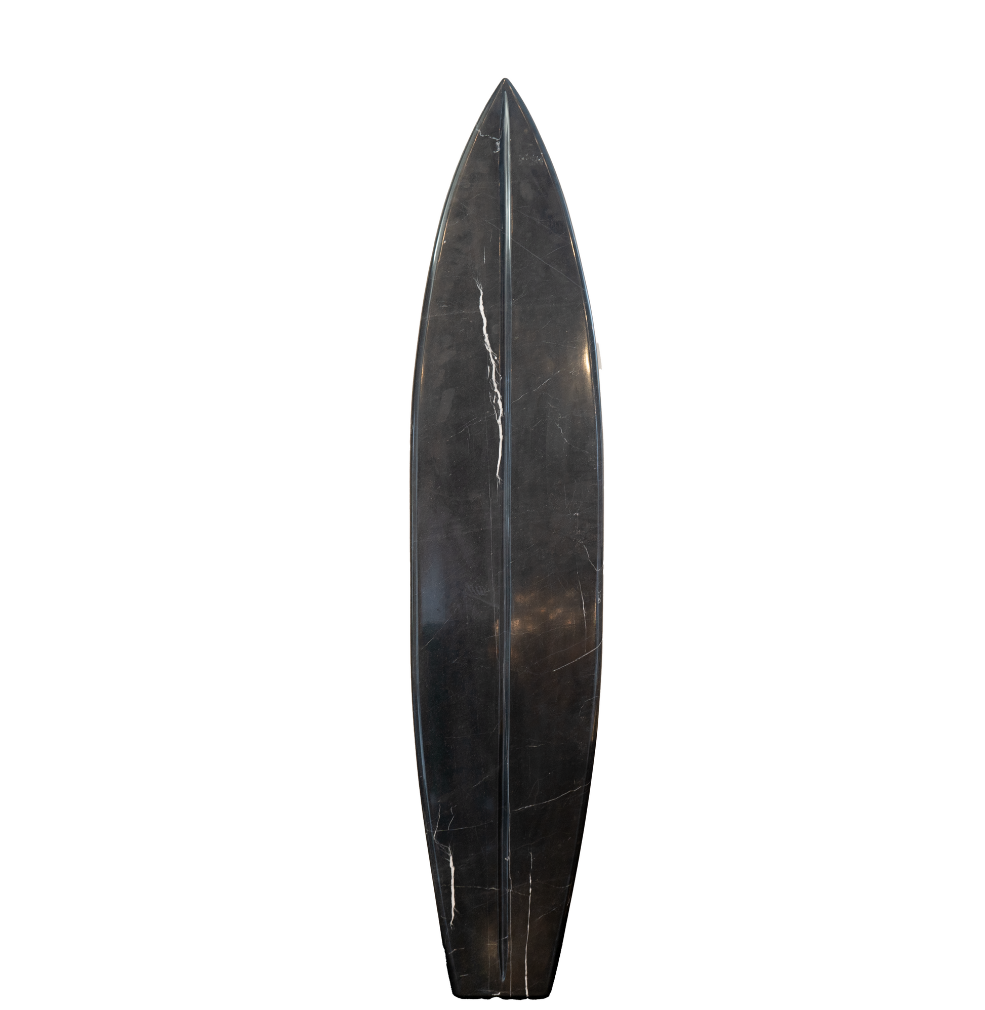 A 6-foot tall hand-carved surfboard made of black onyx stone on white background.