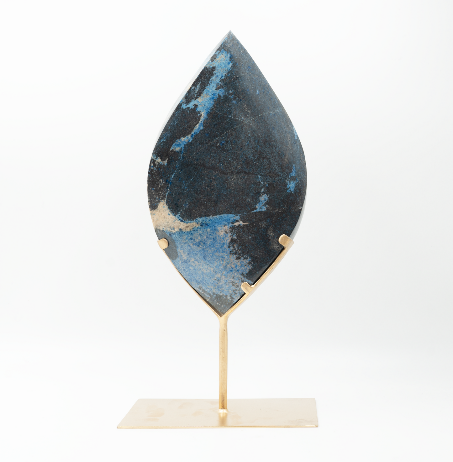 light blue and dark blue double pointed trolleite flame in brass stand