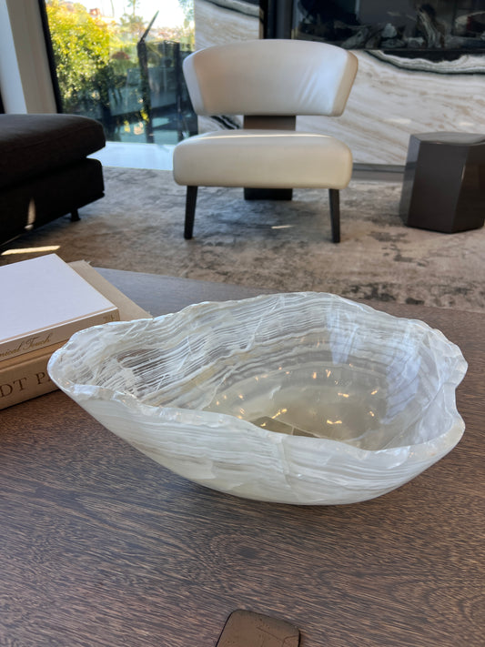 White and Green Onyx Hand-Carved Bowl