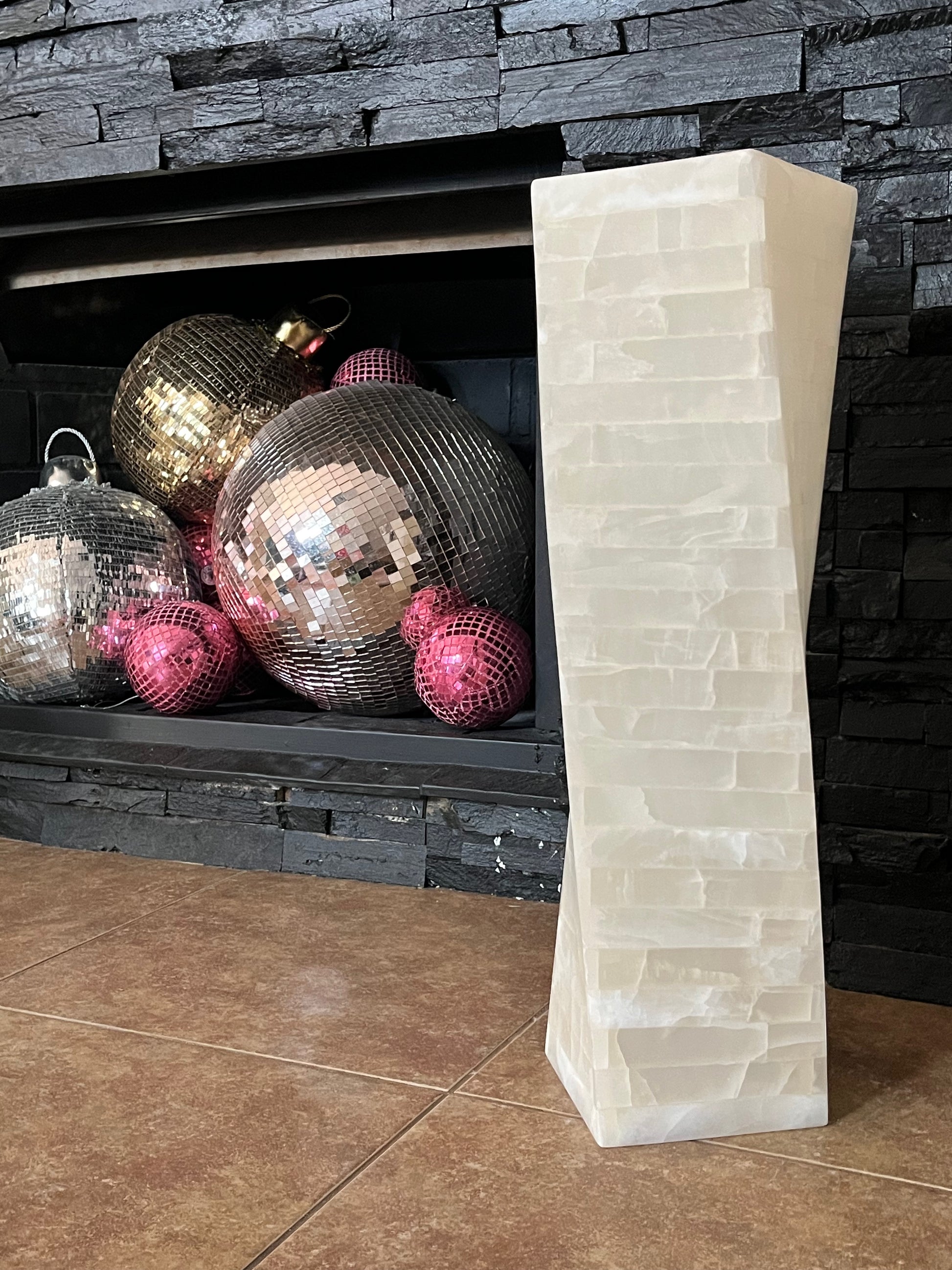 Tall white onyx marquetry lamp showing layered stone construction