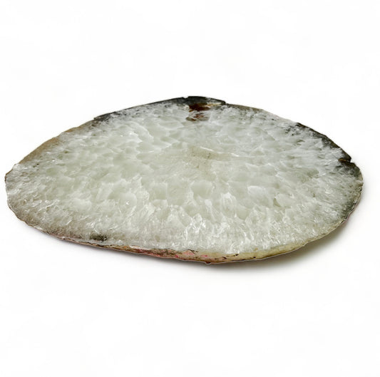 A round agate quartz slab with a white and gray marbled pattern, with a smooth surface.