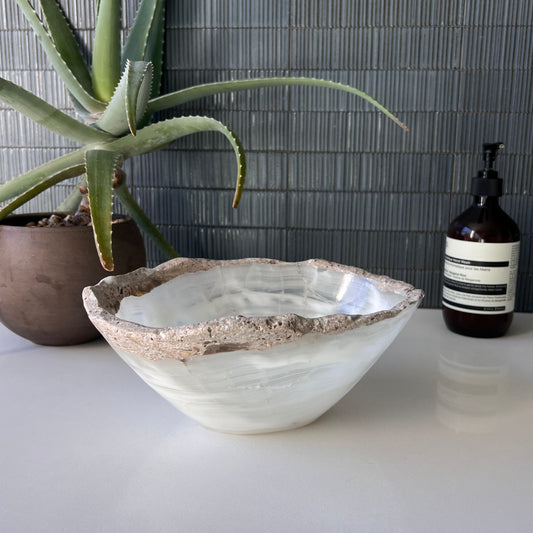 Bathroom counter with a textured onyx bowl, potted plant, and bottle against a tiled wall.