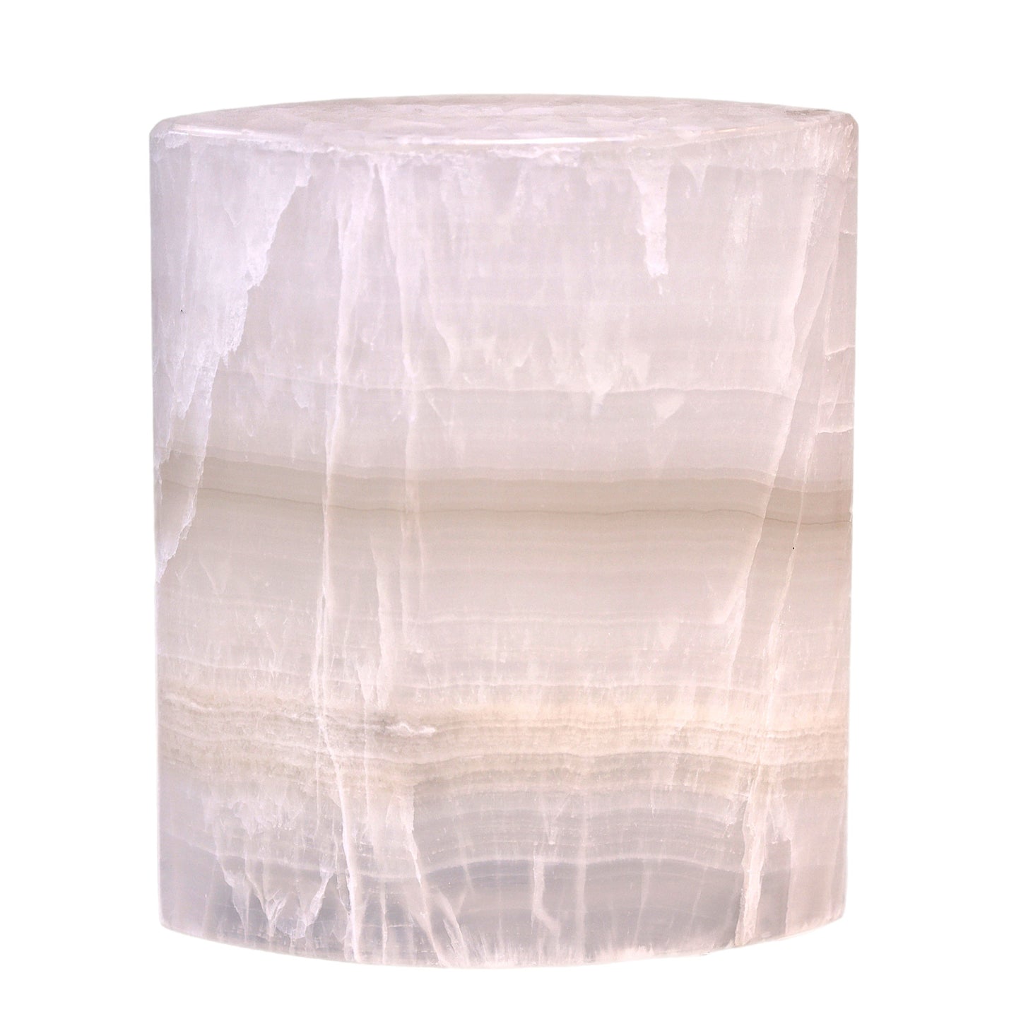 Polished white banded onyx elliptical lamp base with a smooth finish